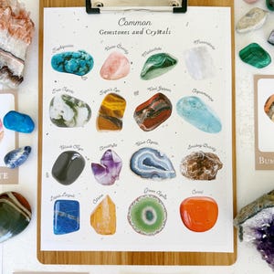 May include: A clipboard displays a chart titled "Common Gemstones and Crystals." The chart features illustrations of various gemstones, including turquoise, rose quartz, malachite, and moonstone. Surrounding the clipboard are additional gemstones and cards with gemstone names.