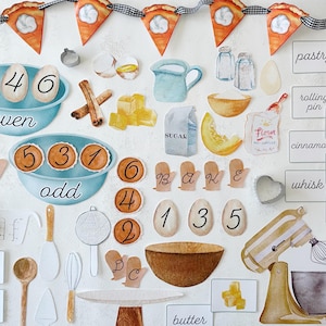 May include: A collection of watercolour illustrations featuring baking elements. Includes pie slice bunting, bowls with numbers, and kitchen utensils such as a whisk and rolling pin. A bag of "Flour" is also visible.