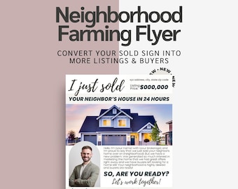 Plantilla de volante de agricultura inmobiliaria: Marketing de "Hola al vecino" (Canva editable)