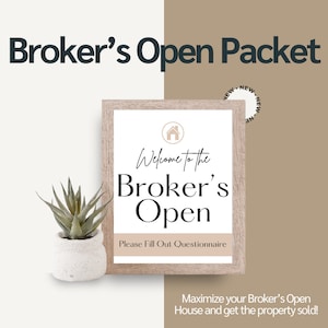 May include: A sign with a wooden frame and a white background that says "Welcome to the Broker's Open. Please Fill Out Questionnaire". The sign is sitting on a table with a small potted plant in front of it. The sign is surrounded by a brown background.
