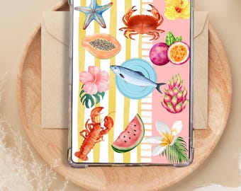 May include: A clear phone case with a colorful tropical design. The case features a yellow and white striped background with images of a starfish, crab, papaya, fish, lobster, watermelon, hibiscus flowers, passion fruit, dragon fruit, and a white flower.