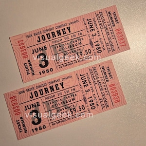 May include: Two pink concert tickets for Journey at the Seattle Center Coliseum on June 3, 1980. The tickets are numbered 003937 and 003938. The price is $9.50.