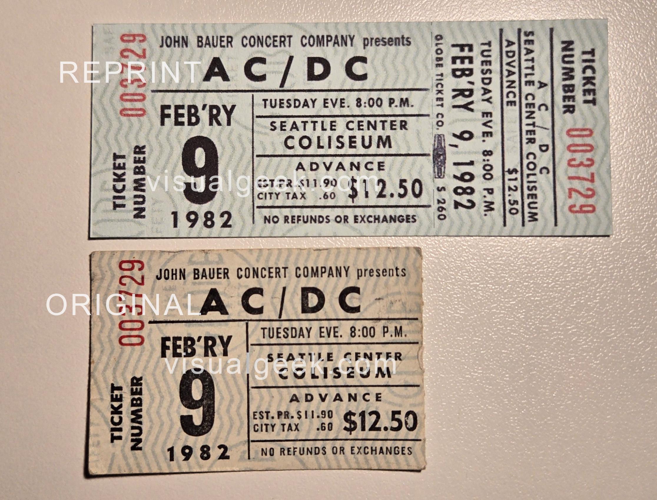 Pair of AC/DC Concert Tickets Seattle Center Coliseum Feb. 9 1982