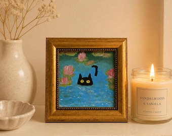 Black Cat Mini Painting in Gold Frame – Original 5x5 Inch Artwork – Cute Cat Wall Art – Gift for Cat Lovers – Tiny Framed Painting