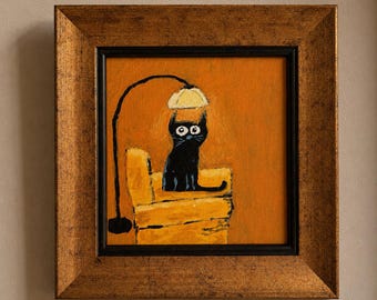 Black Cat Reading Nook – Original Mini Cat Painting in Vintage Style Frame