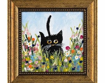 Black Cat Original Painting, Mini Cat Painting, Whimsical Cat Art, Cottagecore Decor, Small Framed Painting, Folk Art Cat, 5x5 Canvas