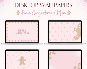 Pink Christmas Gingerbread Desktop Wallpaper Set Festive HD Wallpapers for Mac & Windows Desktop Cute Holiday Winter Theme