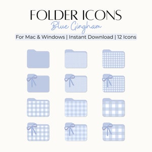 12 個のブルー ギンガム フォルダー アイコンと 6 個のボーナス壁紙 (Mac および Windows PC デスクトップ オーガナイザー用) かわいいパステル アイコン コケット 美的アイコン リボン