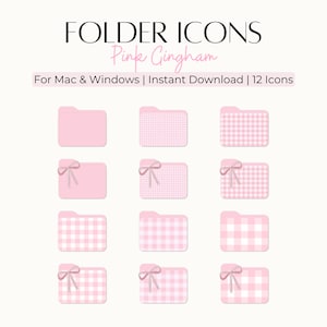 12 íconos de carpeta de cuadros vichy rosas con 6 fondos de pantalla adicionales para organizador de escritorio de Mac y PC con Windows, ícono pastel lindo, íconos estéticos de lazo coqueto