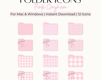 Pink Gingham Folder Icons with Organizer Wallpapers for Mac & Windows Desktop Organization Coquette Bow