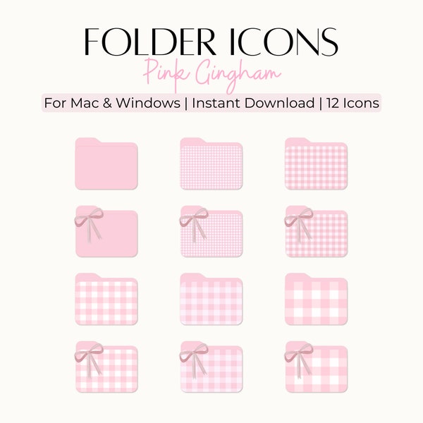 12 íconos de carpetas de cuadros rosados con 6 fondos de pantalla adicionales Mac Windows PC Iconos de escritorio Organizador de carpetas Coqueta Estética Iconos rosados Lindo arco
