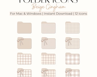 12 Beige Gingham Folder Icons with 6 Bonus Wallpapers for Mac Windows PC Desktop Folder Organizer Aesthetic Coquette Neutral Icons Cute Bow