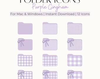 12 Purple Gingham Folder Icons with 6 Bonus Wallpapers for Mac Windows PC Desktop Folder Organizer Pastel Aesthetic Coquette Cute Icons Bow