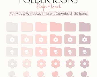 30 Pink Floral Folder Icons for Mac & Windows PC Desktop Folder Organization File Organizer Aesthetic Desktop Cute Pastel Pink Flower Icons