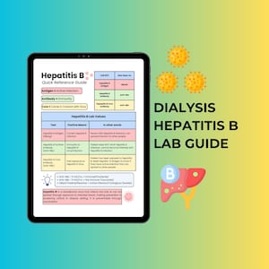 May include: A digital tablet displaying a Hepatitis B Quick Reference Guide with lab values, antigen and antibody definitions, and clinical notes. To the right, the text DIALYSIS HEPATITIS B LAB GUIDE appears with yellow virus icons and a liver graphic.