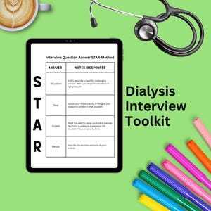 Könnte beinhalten: Ein Tablet mit der STAR-Methode für Interviewfragen, mit dem Text "Dialysis Interview Toolkit". Ein Stethoskop und farbige Marker sind ebenfalls vorhanden. Der Hintergrund ist hellgrün.