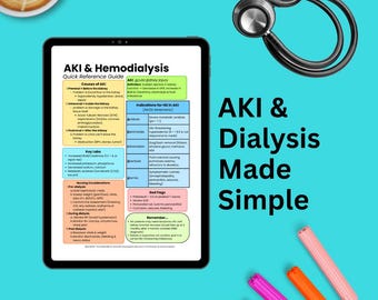 May include: A digital tablet displays a medical reference guide titled "AKI & Hemodialysis." The guide includes causes, key labs, and red flags for acute kidney injury. A stethoscope and colorful markers are also visible.