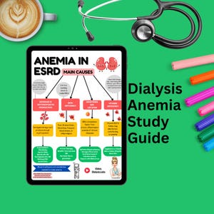 May include: A digital tablet displays a medical study guide titled "Anemia in ESRD." The guide features diagrams and text explaining the main causes of anemia. A stethoscope, colorful pens, and a cup of coffee are arranged around the tablet on a green surface.