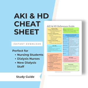 Puede incluir: Una guía de estudio rectangular blanca titulada AKI & HD Reference Guide con secciones codificadas por colores sobre lesión renal aguda y hemodiálisis. El documento incluye tablas y listas detallando causas, indicaciones y cuidados de enfermería.