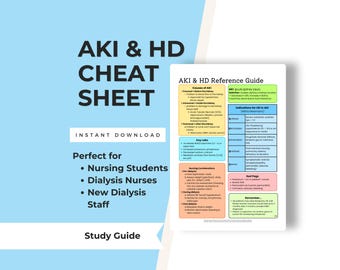 Peut inclure: Un guide d'étude rectangulaire blanc intitulé AKI & HD Reference Guide présentant des sections codées par couleur sur les lésions rénales aiguës et l'hémodialyse. Le document inclut des tableaux et des listes sur les causes et les soins.