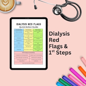 May include: A tablet shows a "Dialysis Red Flags & 1st Steps" guide with a quick action table. The table details complications, first actions, and next steps. A stethoscope, coffee cup, and colourful markers are also visible.