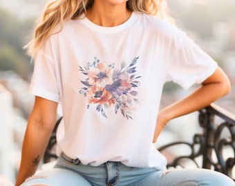 Women&#39;s Floral Watercolor T-Shirt, Vintage Style Spring Bloom Fashion Top, Casual Flower Art Tee, Soft Pastel Colors Shirt, Gift Idea