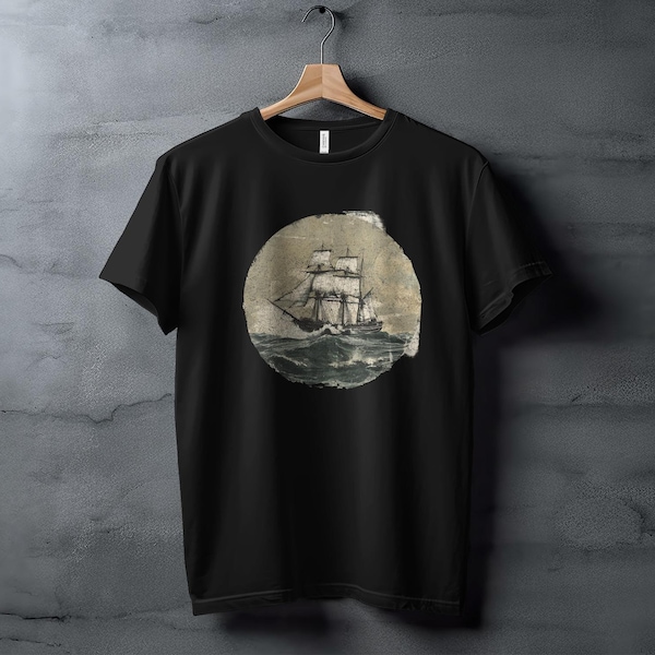 Vintage Ship Print T-Shirt, Nautical Ocean Waves Graphic Tee, Distressed Maritime Style Top, Sailor Gift