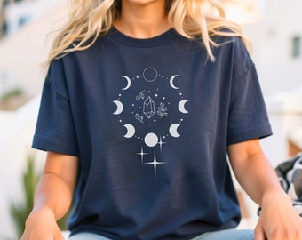 Celestial Stars, Moon T Shirts, Birthday T Shirt Moon Phase Astrology Astronomy, Gift, Comfort Colors, Garment Dyed, Oversized, Vintage