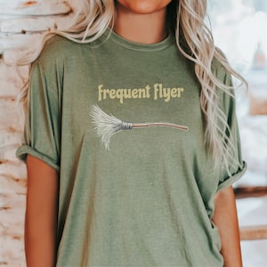 Vintage Witch Broom T-Shirt, Frequent Flyer Halloween Tee, Retro Witchy Graphic Tee, Unique Halloween Gift, Fun Witch Shirt