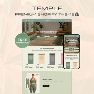 May include: A website mockup for a premium Shopify theme called Temple. The design features yoga mats, a woman in activewear, and the text "Your Daily Ritual Starts Here". The theme includes free installation.