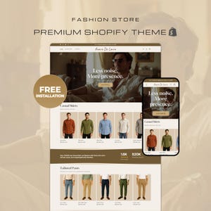 May include: A website mockup for a fashion store, showcasing casual shirts and tailored pants. The design includes the text "FASHION STORE" and "PREMIUM SHOPIFY THEME". A mobile phone displays the website.
