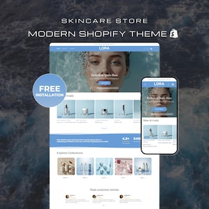 May include: A website mockup for a skincare store, showcasing a modern Shopify theme. The design features a desktop and mobile view, with product displays, the text "Hydration Starts Here", and the words "SKINCARE STORE" and "MODERN SHOPIFY THEME".
