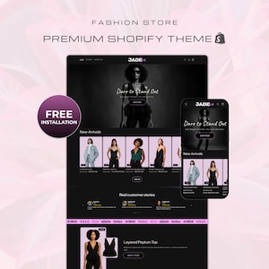 Może przedstawiać: Projekt strony internetowej dla sklepu odzieżowego, wyświetlany na tablecie i smartfonie. Strona ma czarno-biały motyw ze zdjęciami ubrań i tekstem "Dare to Stand Out". Widoczne jest również fioletowe koło z napisem "FREE INSTALLATION".