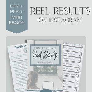 May include: An ebook titled "Reel Results on Instagram" with the text "How to Create Reel Results" is displayed. The ebook has 40 pages and is designed by Digital Introvert Mom. The cover is light blue and white.