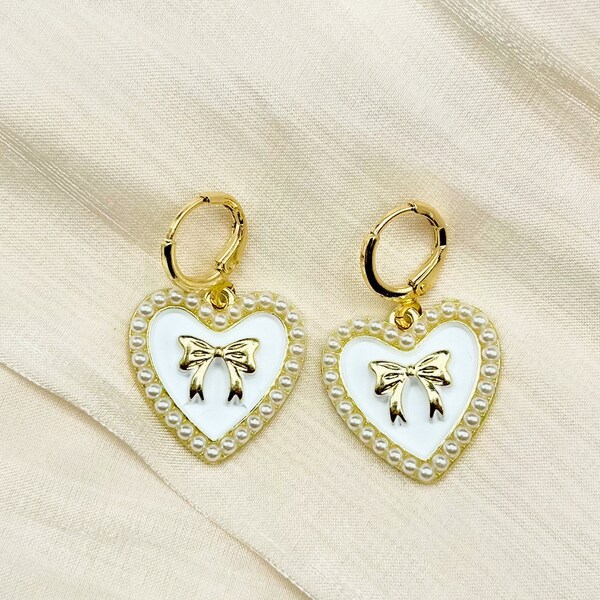 Gold Plated Bow Heart Shape Charm Pendant earring, Bow Knot Pearl jewelry, Bowknot Earring, Bow tie Jewelry, Dainty Bow Charm
