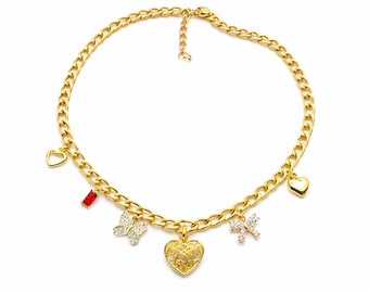 Gold Multi Charm Halskette, Zierliche Charm Kette, Handgemacht