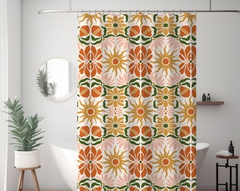 Groovy Floral Shower Curtains, Vintage Retro Shower Curtain, Boho Floral Bathroom, Art Deco Shower Curtains