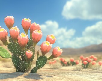Paisaje desértico con cactus de tuna rosa (descarga digital)