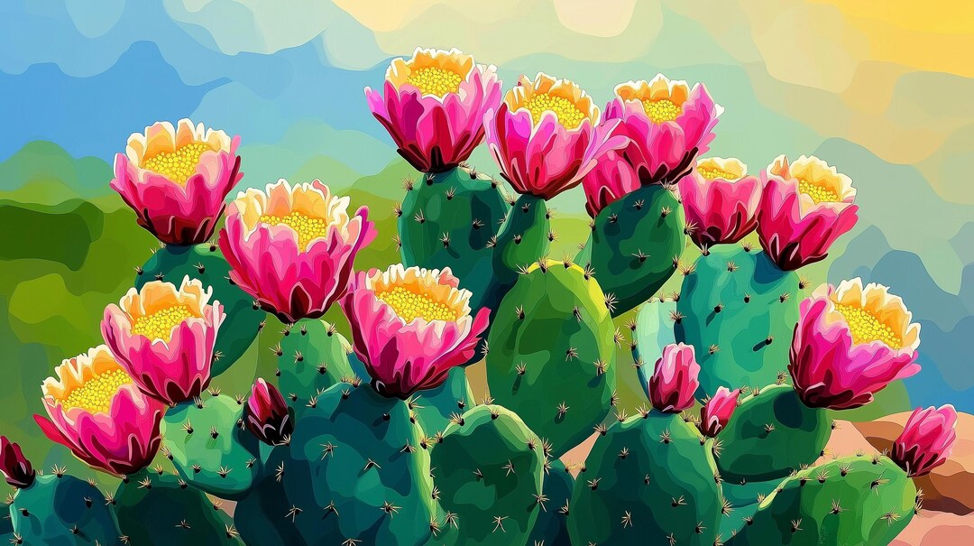 Prickly Pear Painting: Blooming Desert Landscape Art (digital Download ...