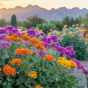Digitale Kunst, bunte Sonoran-Wüstenlandschaft mit Blumen und Bergen, Wüstenlandschaftskunst, bunte Kunst, digitaler Downloadrahmen TV-Kunst