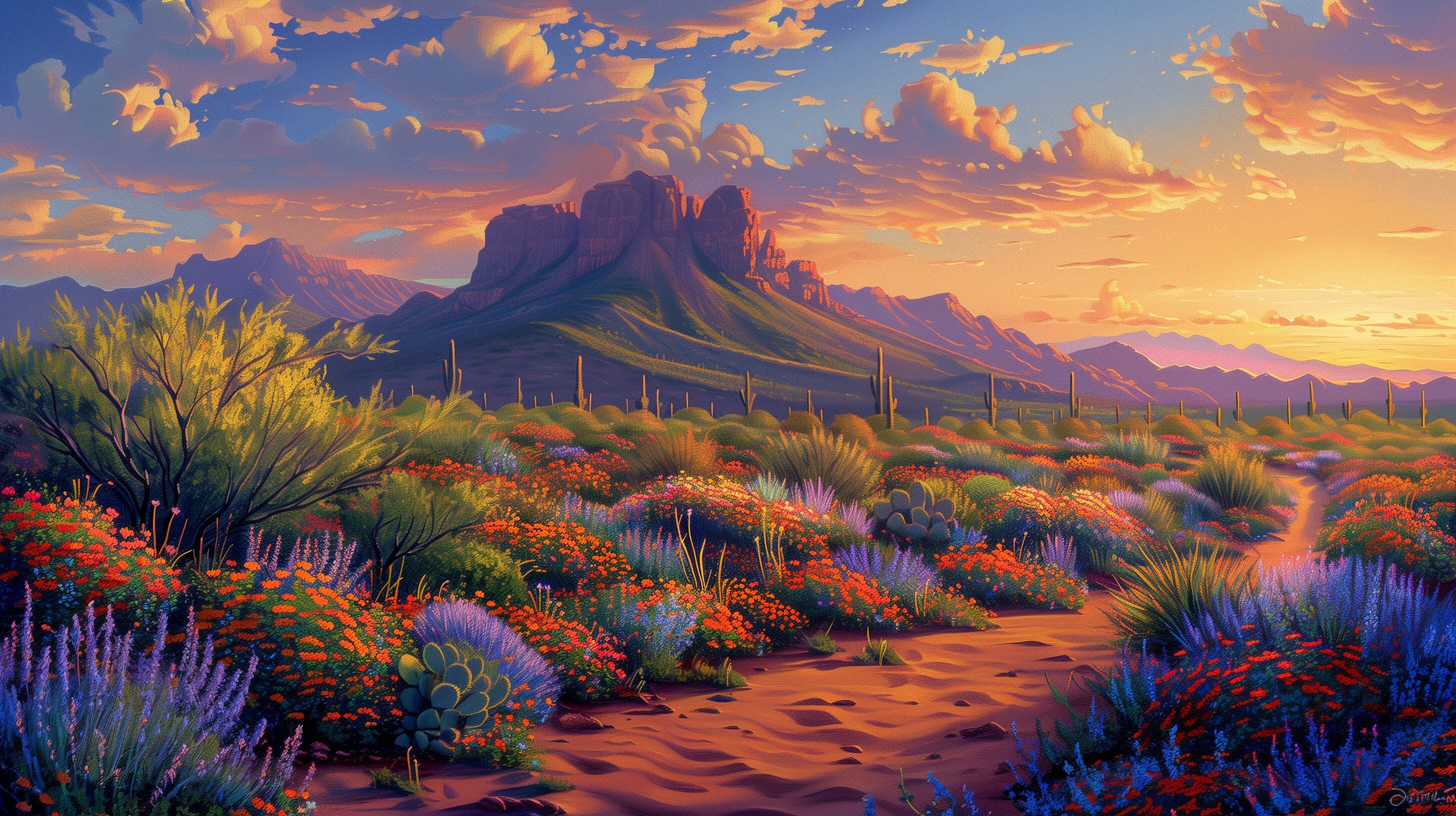 Digital Art, Blooming Desert Wildflowers With A Mountain Background ...