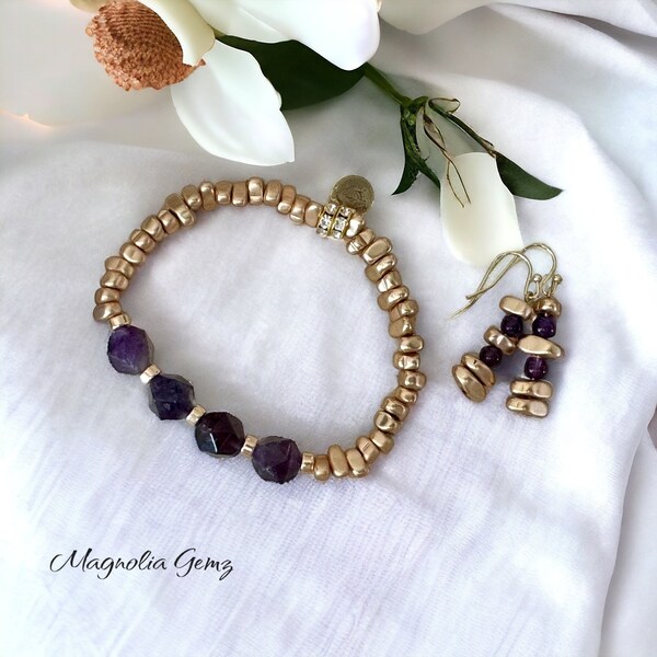 Amethyst, Matte Gold Hematite, White Jade or Crystal Bracelets and Earrings