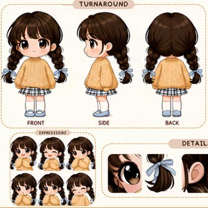 May include: A character sheet for Miluna The Cozy Dreamer featuring a chibi figure with brown hair in braids, a yellow sweater, and a plaid skirt. Includes front, side, and back views, various facial expressions, color palette, and outfit details.