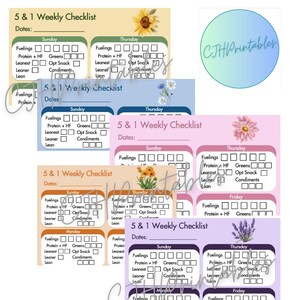 May include: A collection of colorful 5 & 1 Weekly Checklist printable templates. Each checklist features sections for Fuelings, Protein + HF, Greens, Leanest, Opt Snack, Leaner, and Condiments, with space for dates and checkboxes.