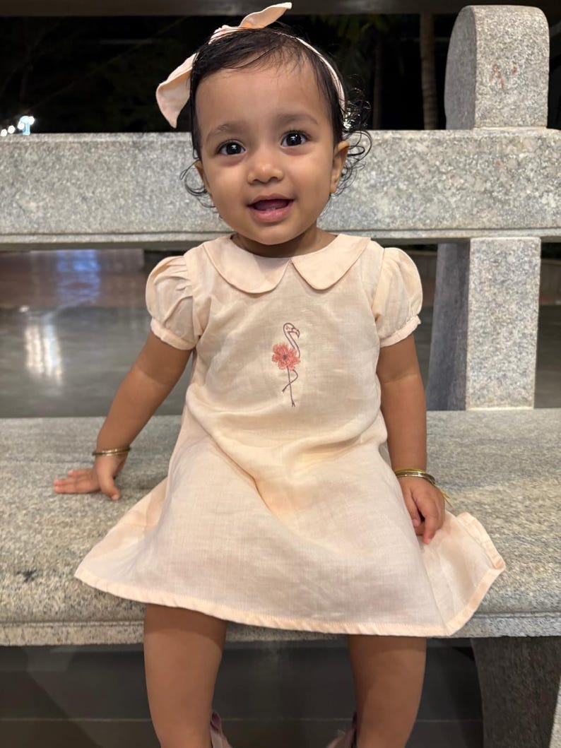 May include: A light peach-colored dress with a flamingo embroidery. The dress has a Peter Pan collar and short, puffed sleeves. A matching bow headband and gold bracelets complete the outfit. The child is sitting on a stone bench.