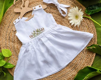 White Forest Baby Dress | Floral Hand Embroidery, Hemp-TENCEL™ Blend, Free Hairband