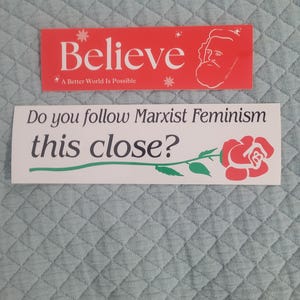 Puede incluir: Dos pegatinas para parachoques con mensajes pol&iacute;ticos. La pegatina superior es roja con copos de nieve blancos y el texto "Believe" y "A Better World Is Possible". La pegatina inferior es blanca con texto negro que dice "Do you follow Marxist Feminism this close?" y una rosa roja con hojas verdes.