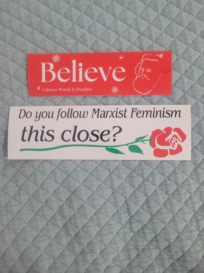 Puede incluir: Dos pegatinas para parachoques con mensajes pol&iacute;ticos. La pegatina superior es roja con copos de nieve blancos y el texto "Believe" y "A Better World Is Possible". La pegatina inferior es blanca con texto negro que dice "Do you follow Marxist Feminism this close?" y una rosa roja con hojas verdes.