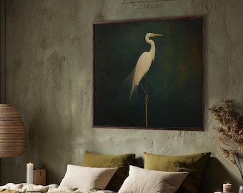 Moody White Heron Canvas Print, Japandi Bird Art, Dark Minimalist Decor