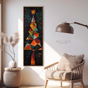 以下が含まれることがあります： 星がついたクリスマスツリーのカラフルな幾何学的な抽象画。絵は暗い背景に木製の額縁で飾られています。画像の右下隅に「ARTIER CANVAS」というテキストが表示されています。